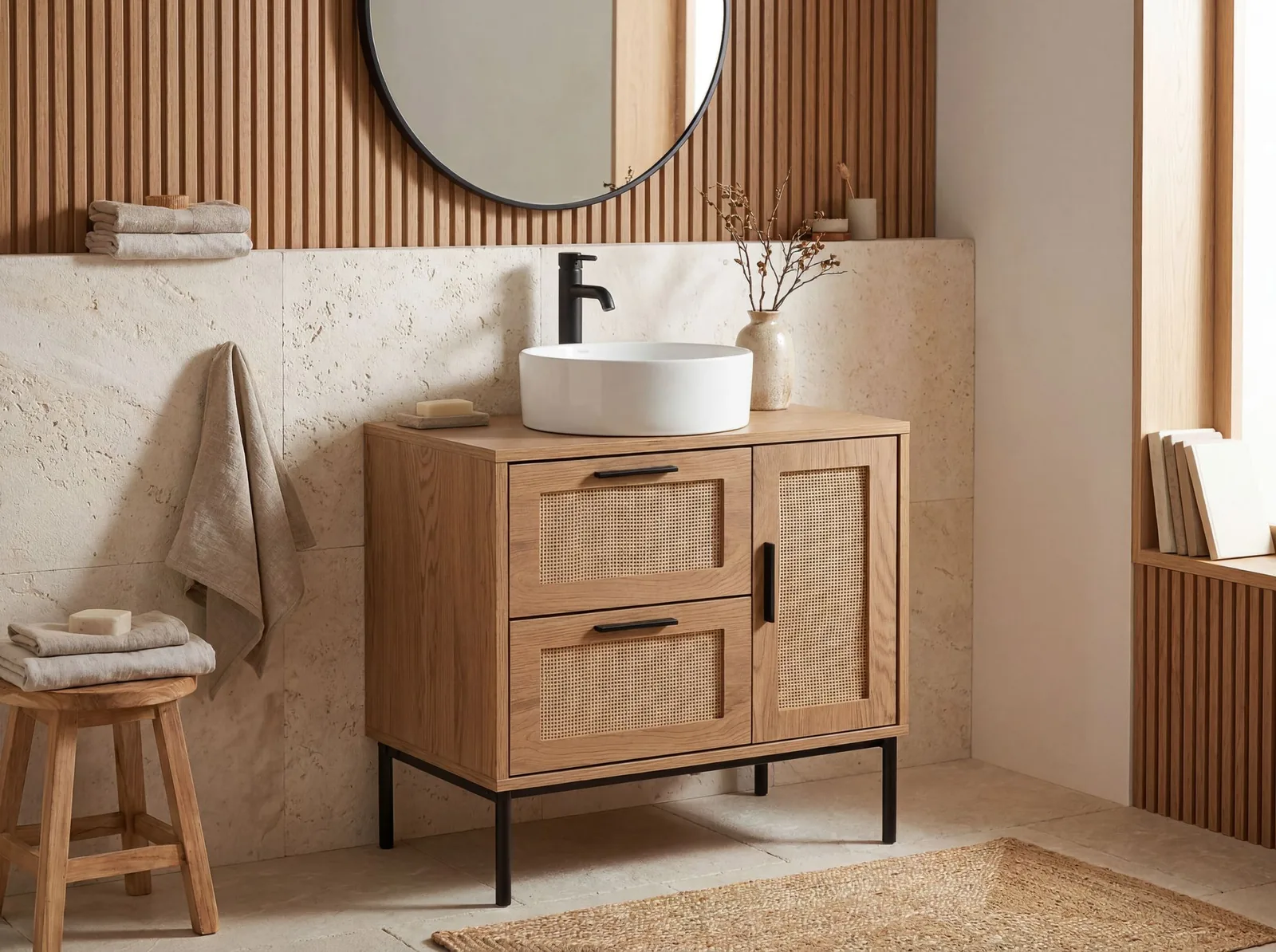 FineBuy Waschbeckenunterschrank Eiche-Optik 60x60x40 cm mit Tür und Schubladen, Badezimmerschrank mit Rattangeflecht, Unterschrank Stehend, Badschrank Midischrank Klein Waschtisch