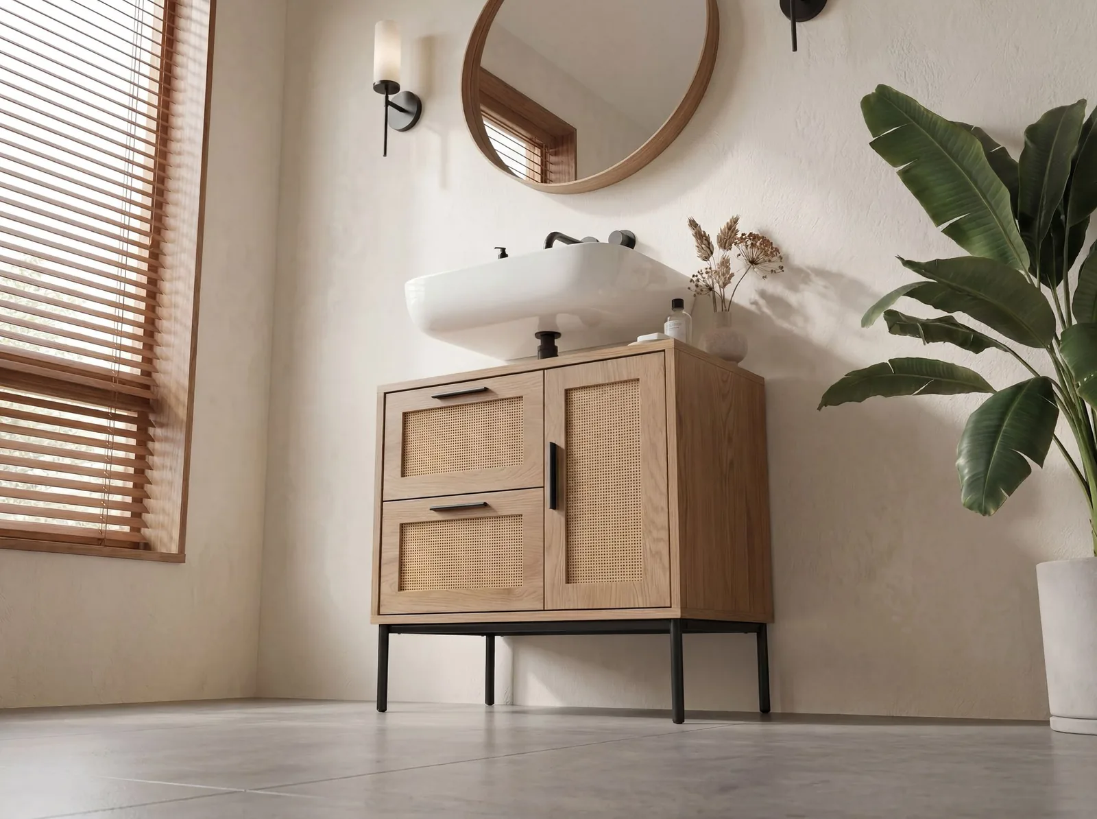 FineBuy Waschbeckenunterschrank Eiche-Optik 60x60x40 cm mit Tür und Schubladen, Badezimmerschrank mit Rattangeflecht, Unterschrank Stehend, Badschrank Midischrank Klein Waschtisch