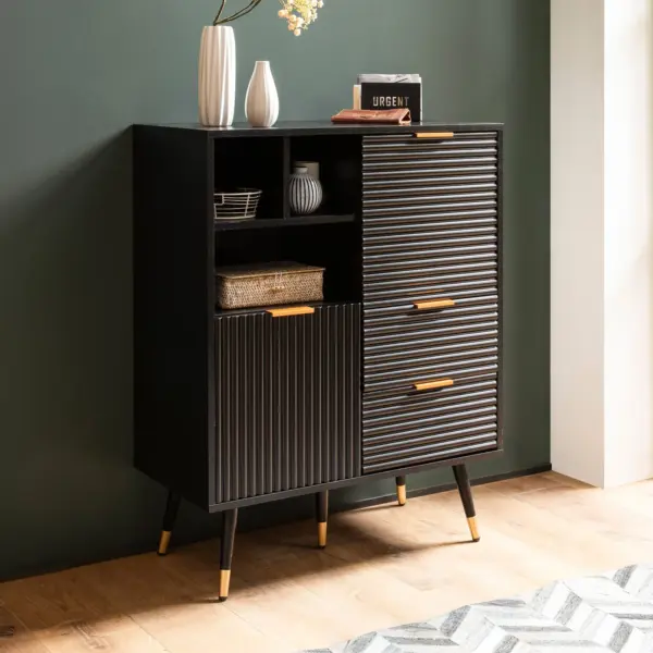 FineBuy Sideboard 77x97x40 cm Anrichte Schwarz mit Eiche-Dekor, Kommode mit Türen und Schubladen, Kommodenschrank Flurschrank mit Regal Modern, Standschrank Wohnzimmer Metallbeine