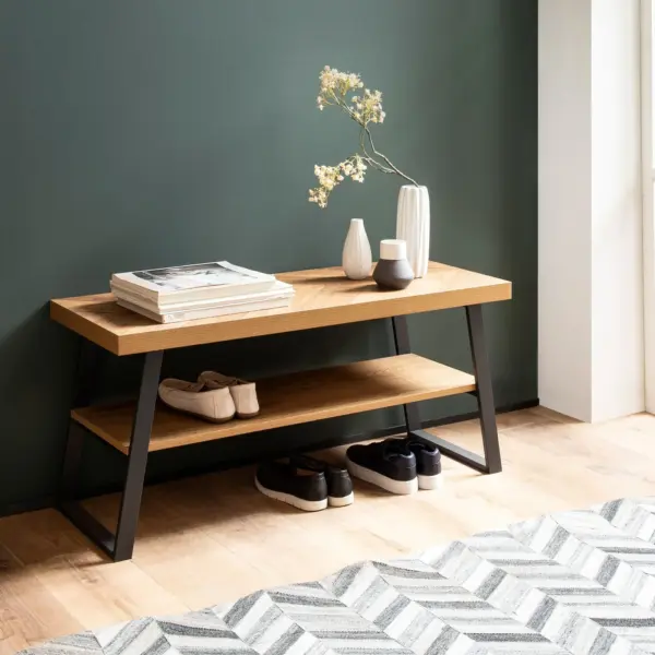 FineBuy Schuhbank 100x41x40 cm Garderobenbank Eiche-Dekor, Sitzbank Fischgrät-Muster Klein, Bank Schmal Flur mit Stauraum, Flurbank Flurmöbel mit Ablage