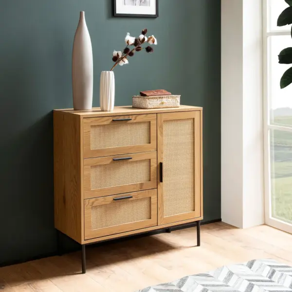 Kommode in Eiche Dekor 80 cm Sideboard mit 3 Schubladen & 1 Tür aus Wiener Rattan Geflecht Design Highboard - Schubladenkommode