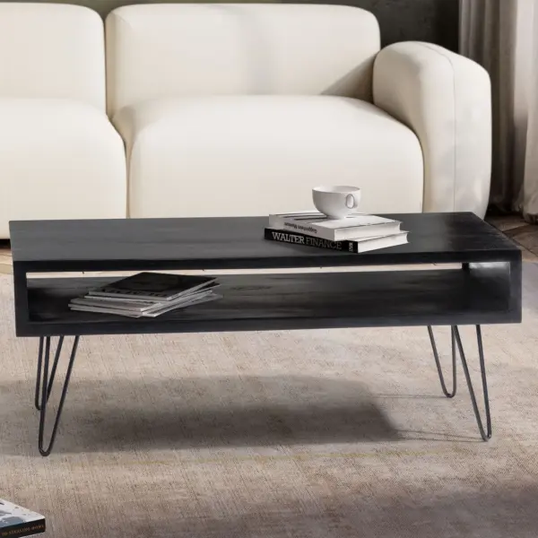 FineBuy Couchtisch Mango Massivholz schwarz 100x50 cm · rechteckiger Wohnzimmertisch mit Ablagefach · Massivholztisch mit Hairpin-Beinen im modernen Industrial Design