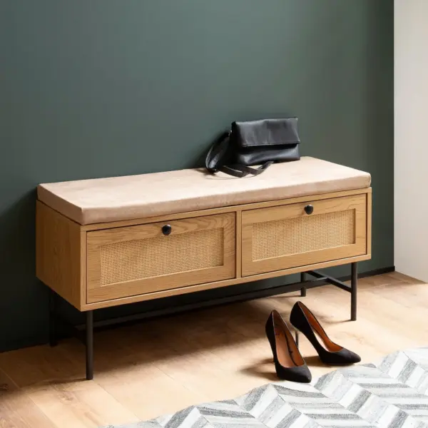 FineBuy Schuhbank mit Stoff-Sitzfläche 100x48x38 cm Garderobenbank Eiche-Dekor, Sitzbank Rattan Klein Gepolstert, Bank Schmal Flur mit Stauraum, Flurbank Flurmöbel mit Schubladen
