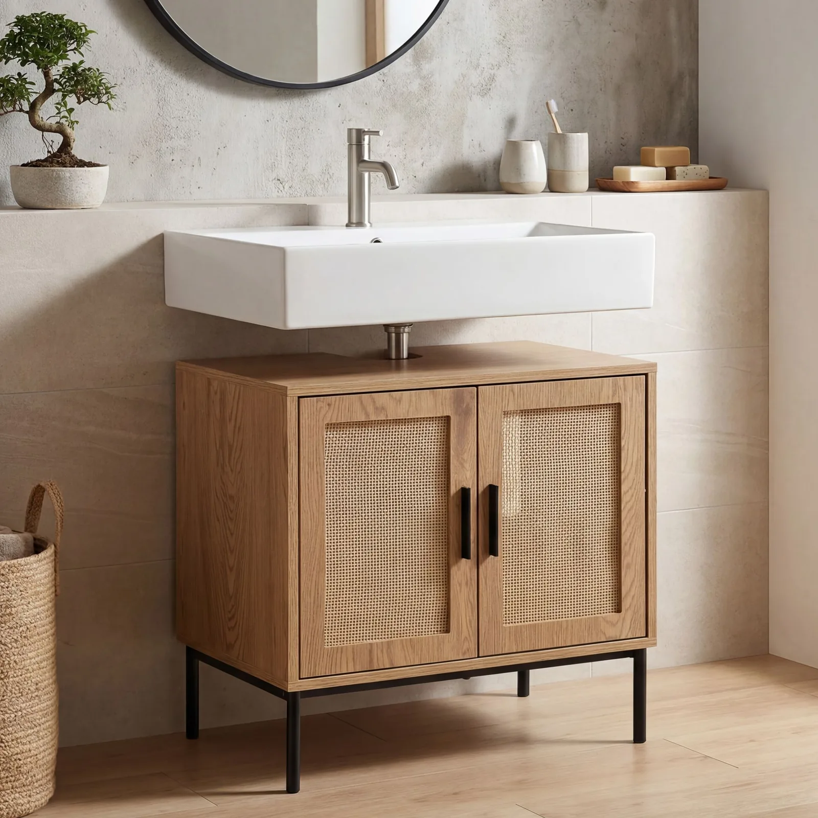FineBuy Waschbeckenunterschrank Eiche-Optik 60x60x40 cm mit Türen, Badezimmerschrank mit Rattangeflecht, Unterschrank Stehend, Badschrank Midischrank Klein Waschtisch