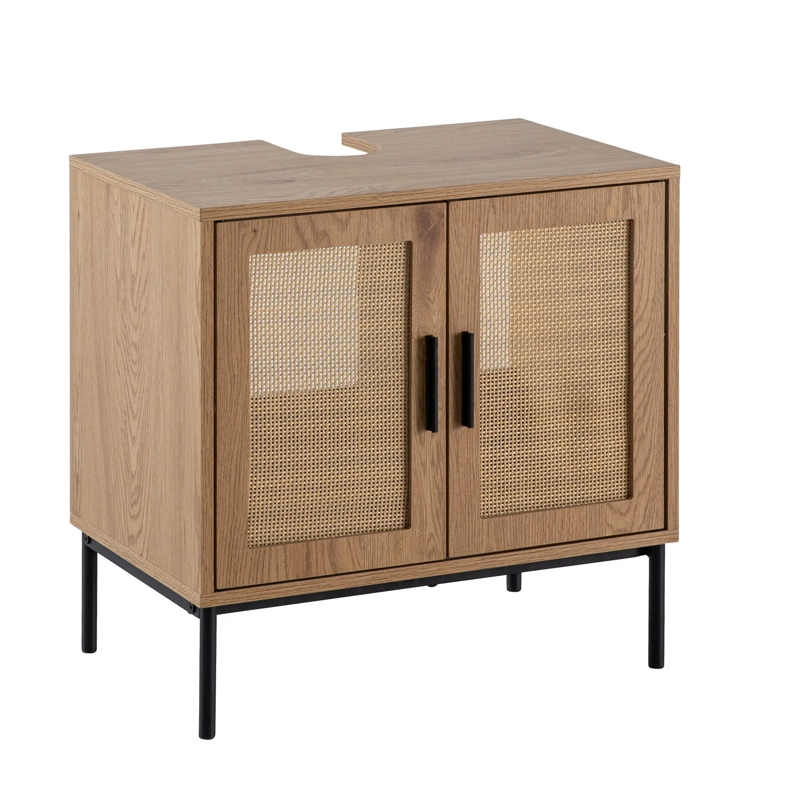 FineBuy Waschbeckenunterschrank Eiche-Optik 60x60x40 cm mit Türen, Badezimmerschrank mit Rattangeflecht, Unterschrank Stehend, Badschrank Midischrank Klein Waschtisch