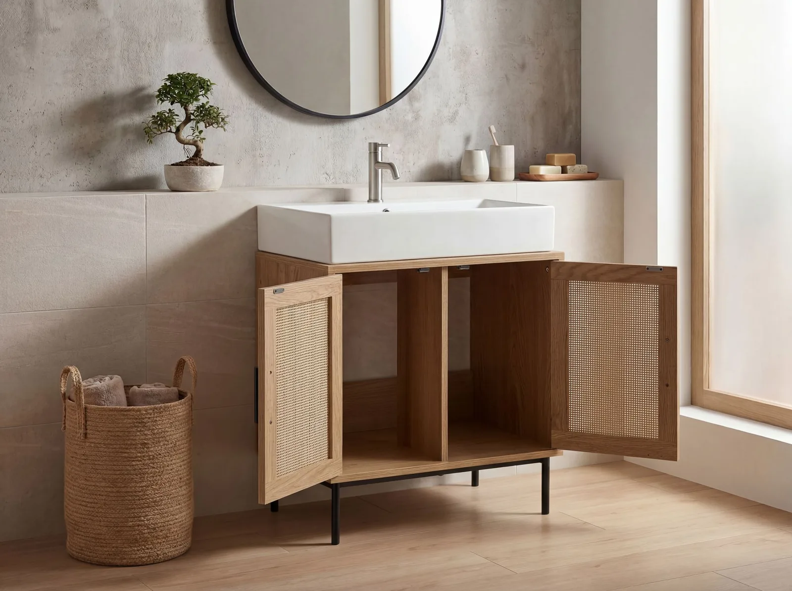 FineBuy Waschbeckenunterschrank Eiche-Optik 60x60x40 cm mit Türen, Badezimmerschrank mit Rattangeflecht, Unterschrank Stehend, Badschrank Midischrank Klein Waschtisch