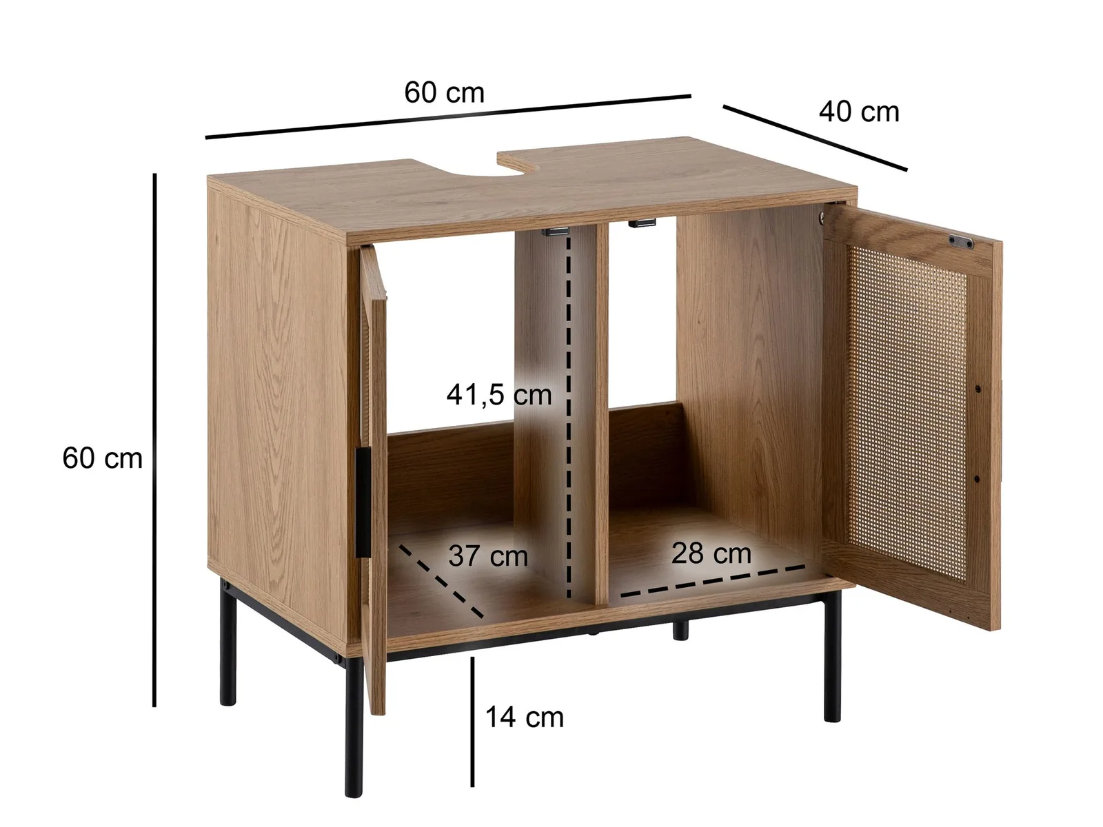FineBuy Waschbeckenunterschrank Eiche-Optik 60x60x40 cm mit Türen, Badezimmerschrank mit Rattangeflecht, Unterschrank Stehend, Badschrank Midischrank Klein Waschtisch