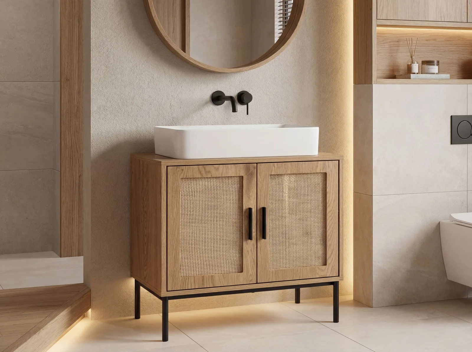 FineBuy Waschbeckenunterschrank Eiche-Optik 60x60x40 cm mit Türen, Badezimmerschrank mit Rattangeflecht, Unterschrank Stehend, Badschrank Midischrank Klein Waschtisch
