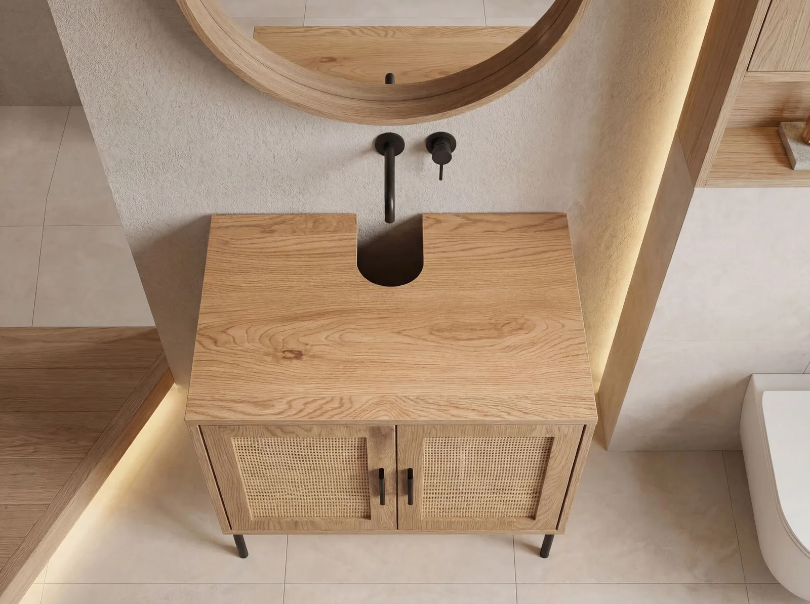 FineBuy Waschbeckenunterschrank Eiche-Optik 60x60x40 cm mit Türen, Badezimmerschrank mit Rattangeflecht, Unterschrank Stehend, Badschrank Midischrank Klein Waschtisch