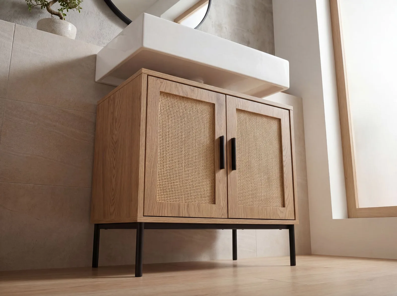 FineBuy Waschbeckenunterschrank Eiche-Optik 60x60x40 cm mit Türen, Badezimmerschrank mit Rattangeflecht, Unterschrank Stehend, Badschrank Midischrank Klein Waschtisch