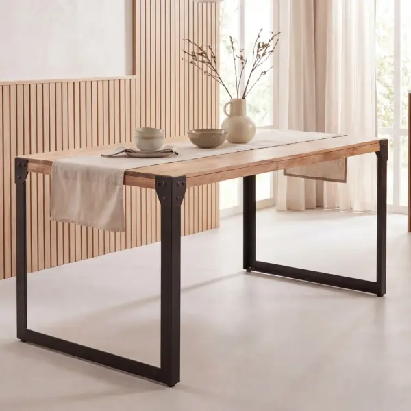 FineBuy Esstisch rechteckig Akazie Massivholz – Esszimmertisch im Industrial Design mit Metallgestell, Holz Küchentisch massiv