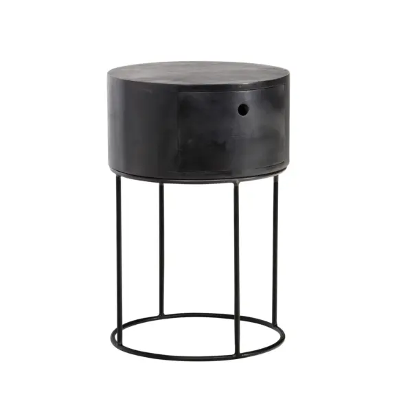 FineBuy Nachtkonsole rund aus Massivholz mit Metallgestell und Schublade – moderner Nachttisch im Industrial Design mit Stauraum, Nachtkästchen ideal für Boxspringbetten – 40x40x60 cm
