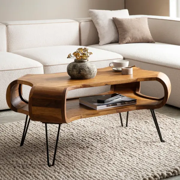 FineBuy Couchtisch 100x60x47 cm Sheesham Massivholz Metall Sofatisch, Design Wohnzimmertisch Rechteckig mit Stauraum, Kaffeetisch Massiv, Großer Tisch Wohnzimmer mit Haarnadelbeine
