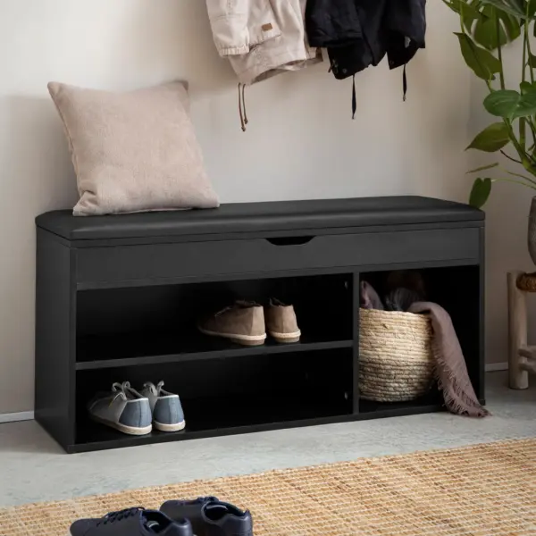 FineBuy Schuhbank mit Sitzfläche Garderoben-Bank 104x51x32 cm Kunstleder Schwarz, Holzbank Klein Gepolstert, Sitzbank Schmal Flur mit Stauraum, Truhenbank Schuhtruhe Flurmöbel