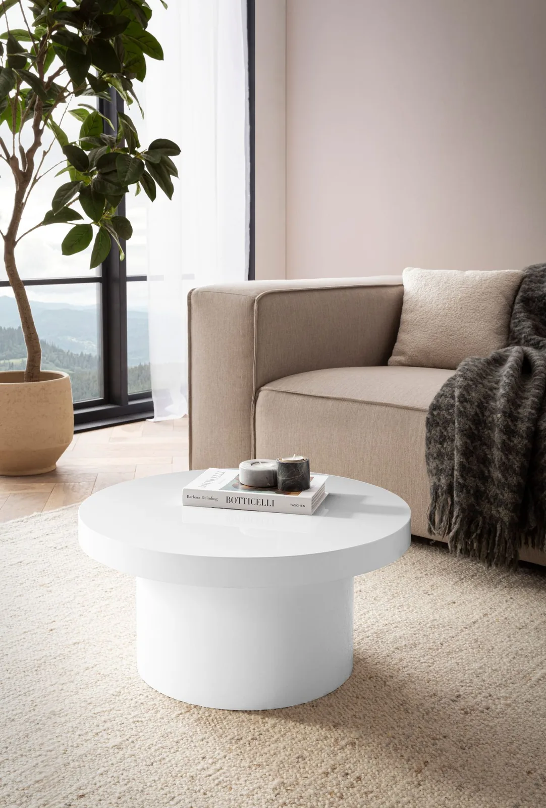 FineBuy Weißer Hochglanz Couchtisch 60cm rund – stilvoller kleiner Design Wohnzimmertisch, Sofatisch im modernen Pilz-Design mit glatter Oberfläche