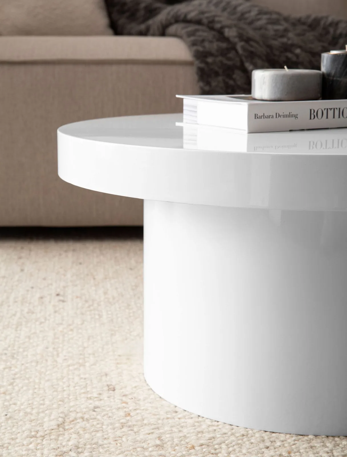 FineBuy Weißer Hochglanz Couchtisch 60cm rund – stilvoller kleiner Design Wohnzimmertisch, Sofatisch im modernen Pilz-Design mit glatter Oberfläche