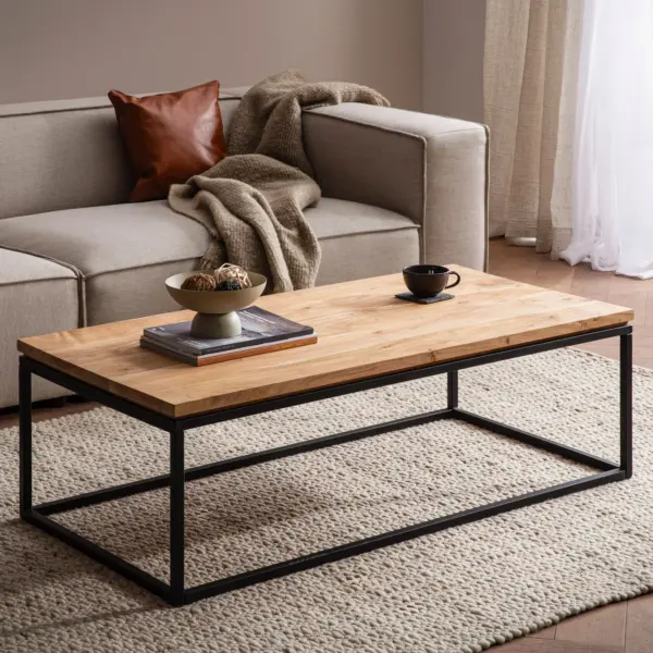 FineBuy Couchtisch Akazie Massivholz 120 cm · Rechteckiger Wohnzimmertisch mit schwarzem Metallgestell · Handgefertigter Massivholztisch im modernen Industrial Design
