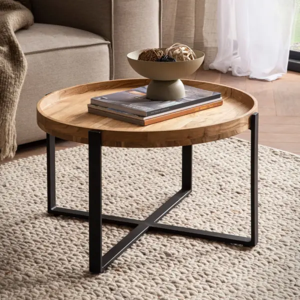 FineBuy Couchtisch Akazie Massivholz rund 60 cm · Wohnzimmertisch mit erhöhter Tischkante · Schwarzes Kreuzgestell aus Metall · Handgefertigter Industrial Design Tisch
