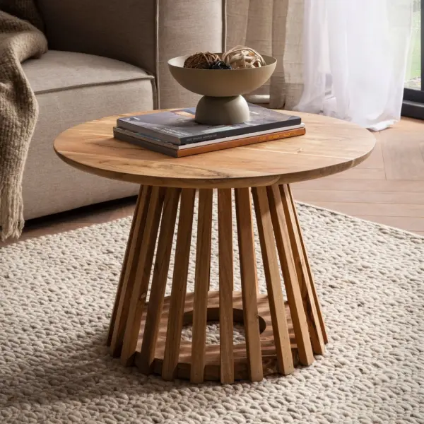 FineBuy Couchtisch Akazie Massivholz rund 60 cm · Wohnzimmertisch mit Lamellenfuß im modernen Design · Handgefertigt · Stabiler Holztisch mit einzigartiger Form