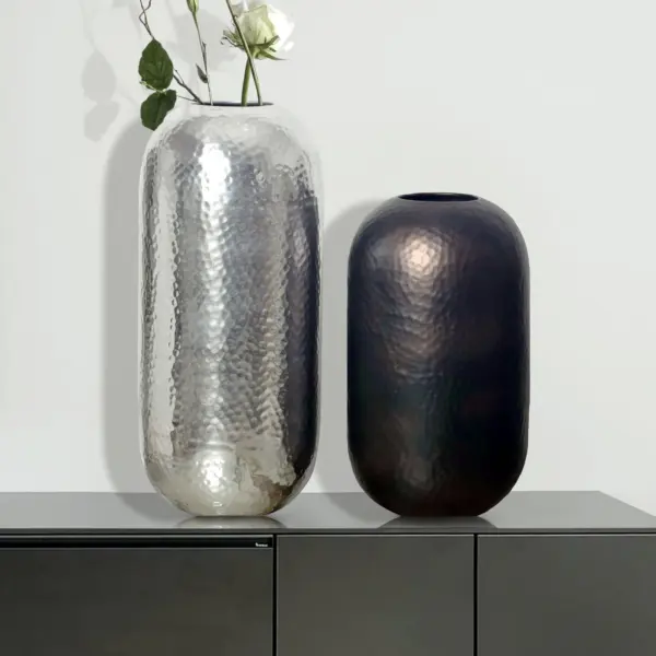FineBuy Deko Vase 2er Set Aluminium Silber Schwarz-Bronze Blumenvase Modern, Dekovase Hammerschlag Rund 2-teilig Metall für Blumen, Alu Tischvase Zylinder Wohndeko Tischdeko Handgefertigt