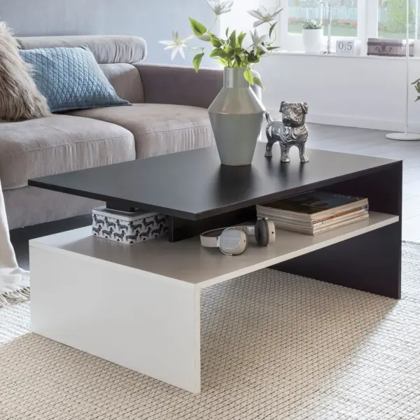 FineBuy Wohnzimmertisch 90 x 43 x 60 cm mit Ablage Holz Schwarz / Weiß, Design Wohnzimmer Couchtisch Zweiteilig mit Stauraum, Sofatisch Eckig Kaffeetisch Modern, Loungetisch Groß & Hoch
