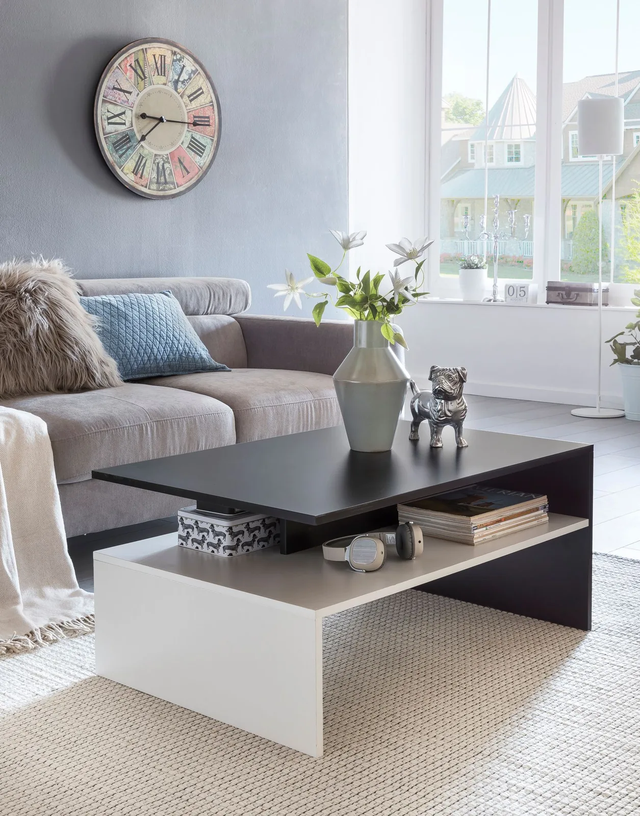 FineBuy Wohnzimmertisch 90 x 43 x 60 cm mit Ablage Holz Schwarz / Weiß, Design Wohnzimmer Couchtisch Zweiteilig mit Stauraum, Sofatisch Eckig Kaffeetisch Modern, Loungetisch Groß & Hoch