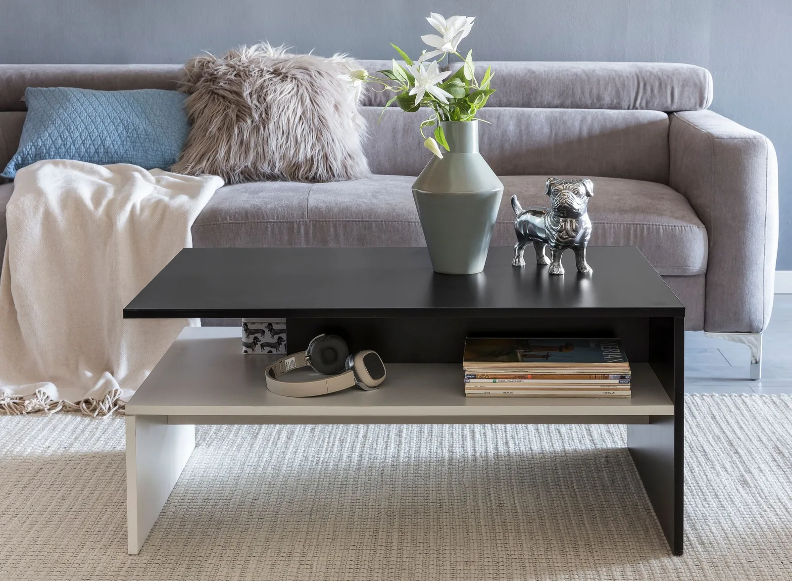 FineBuy Wohnzimmertisch 90 x 43 x 60 cm mit Ablage Holz Schwarz / Weiß, Design Wohnzimmer Couchtisch Zweiteilig mit Stauraum, Sofatisch Eckig Kaffeetisch Modern, Loungetisch Groß & Hoch