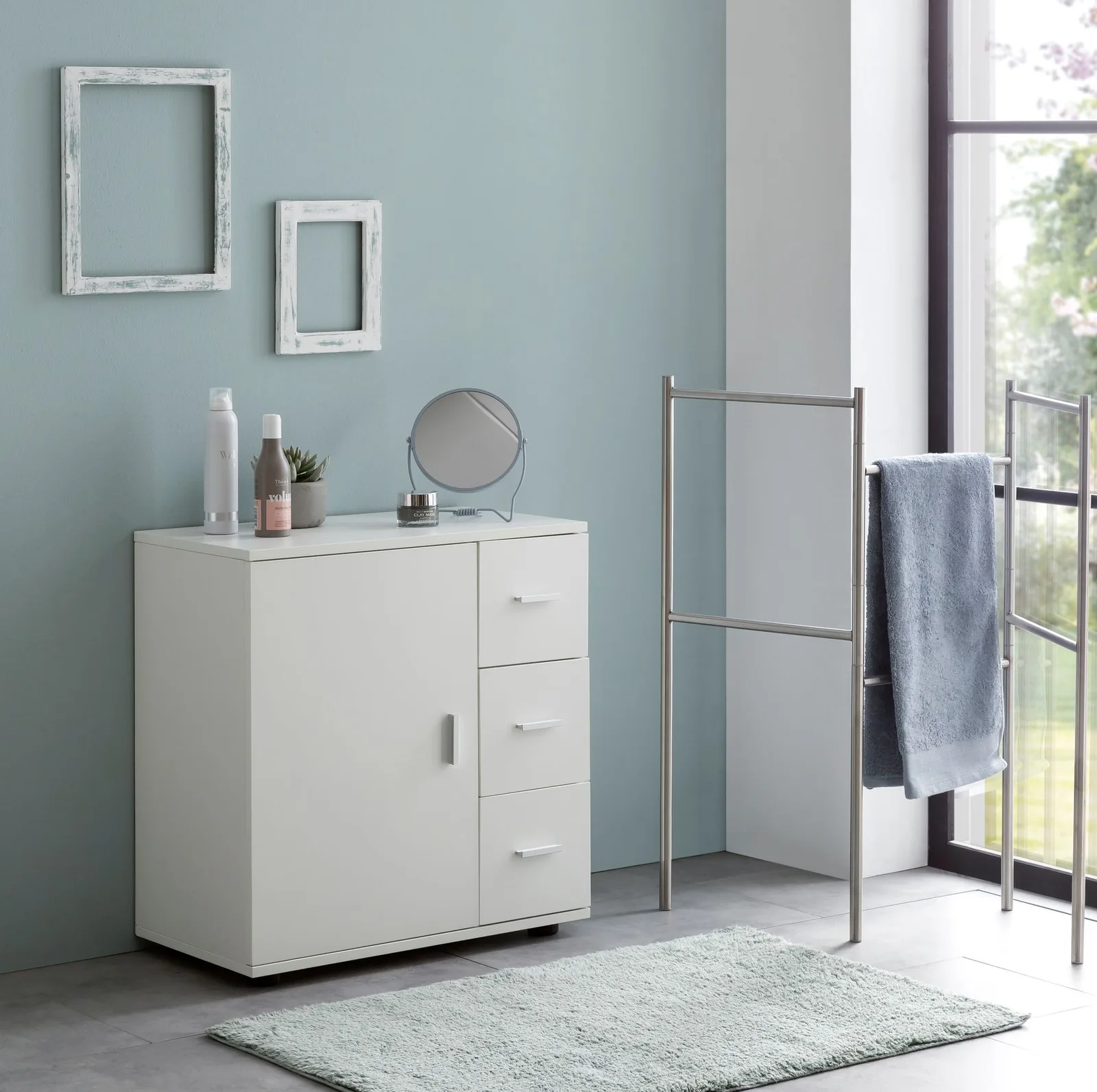 FineBuy Badschrank Weiß 60cm Midi-Schrank mit Tür & Schubladen, Kleiner Beistellschrank Matt, Badregal Schmal Freistehend Badezimmerkommode, Badmöbel Badezimmermöbel