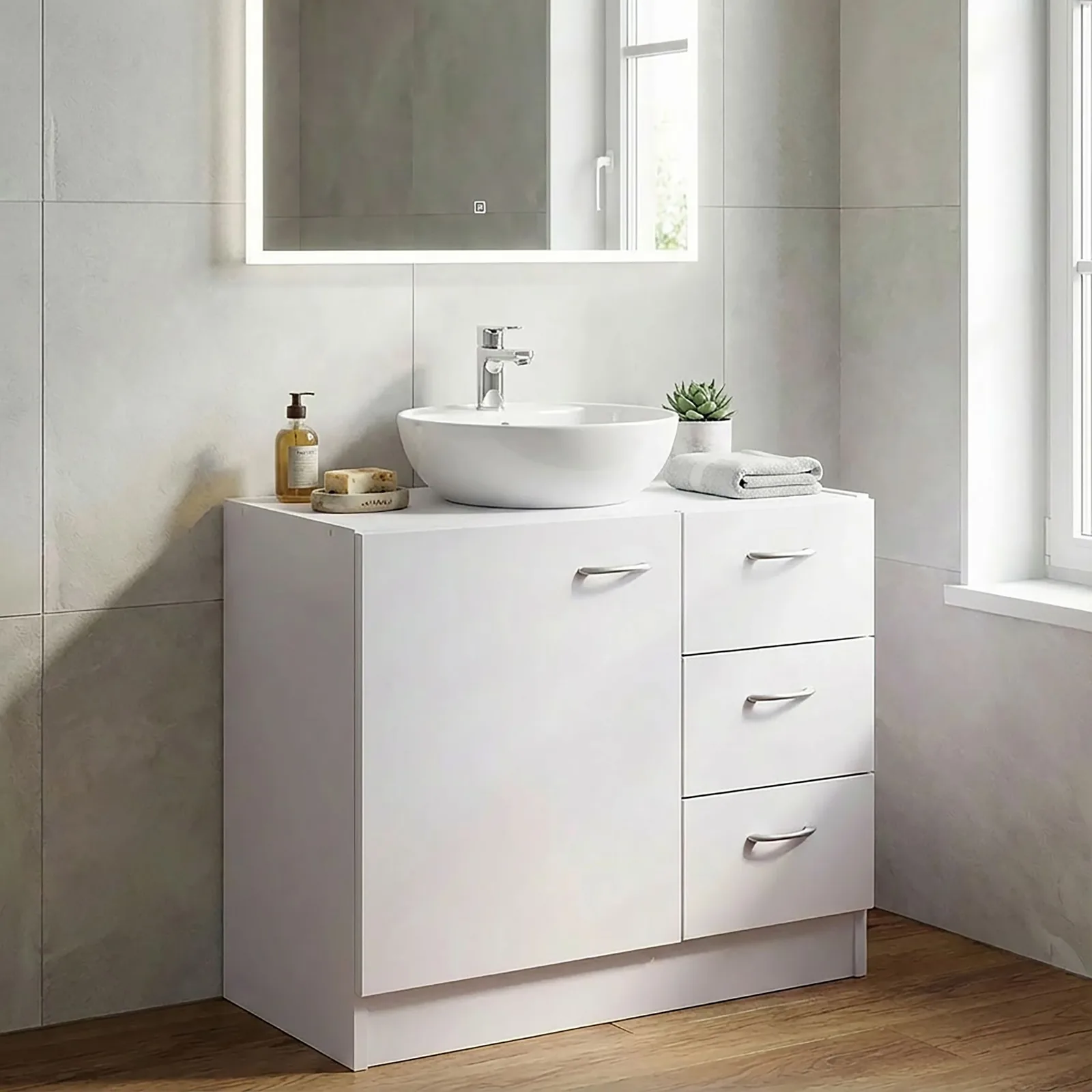 FineBuy Waschbecken-Unterschrank 54 x 63 x 30 cm weiß mit 1 Tür und 3 Schubladen, Unterstellschrank Bad mit Siphonausschnitt, Bad-Schrank klein Waschbecken