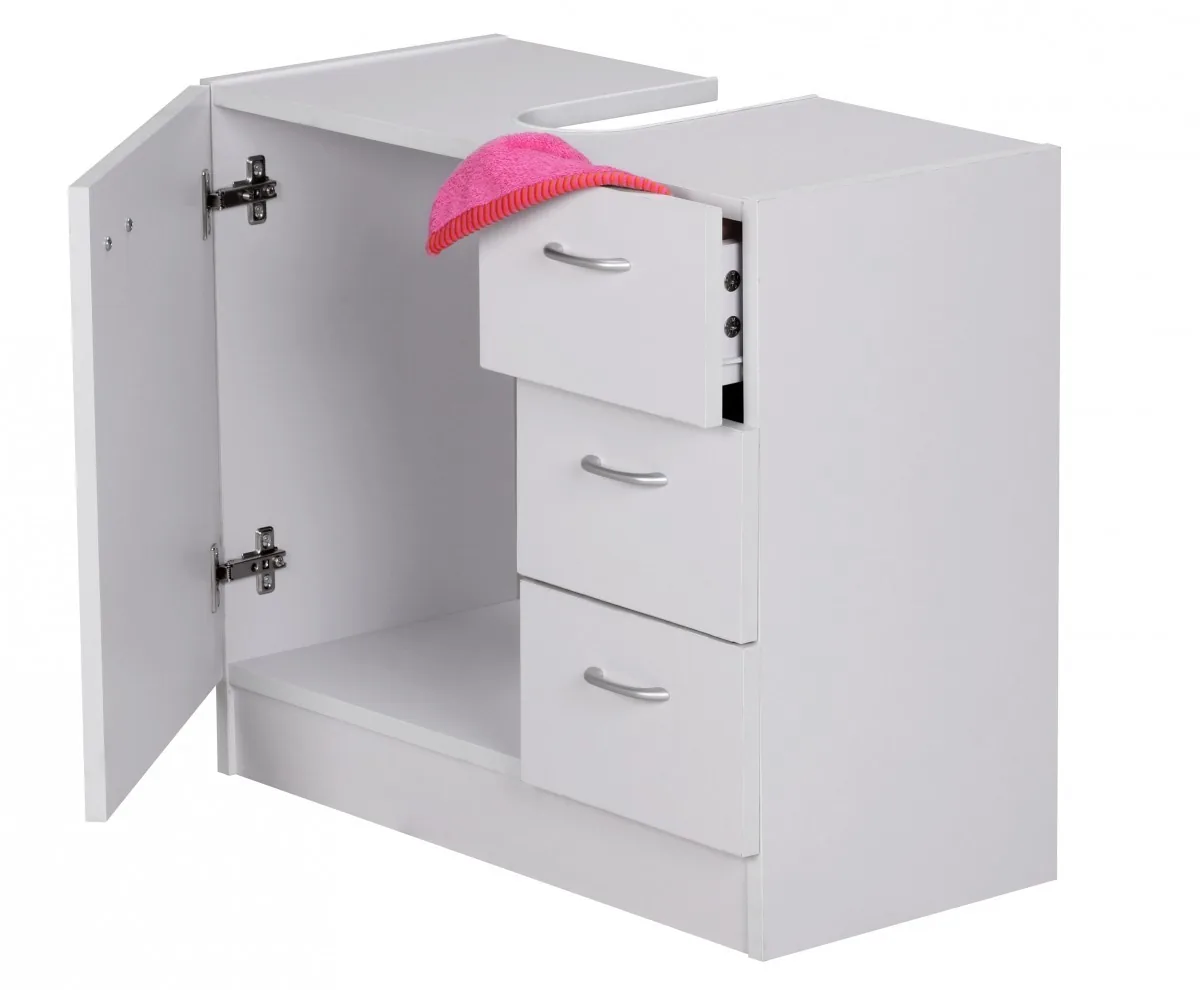 FineBuy Waschbecken-Unterschrank 54 x 63 x 30 cm weiß mit 1 Tür und 3 Schubladen, Unterstellschrank Bad mit Siphonausschnitt, Bad-Schrank klein Waschbecken