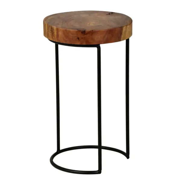 FineBuy Beistelltisch Massiv-Holz Sheesham Wohnzimmer-Tisch Metallbeine Landhaus-Stil Baumstamm-Form Echt-Holz Natur