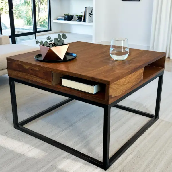 FineBuy Couchtisch Sheesham Massivholz 60x60 cm · Quadratischer Wohnzimmertisch mit Ablagen · Naturfarbener Holztisch mit stabilem Metallgestell im modernen Design