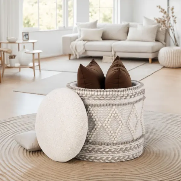 FineBuy Sitzhocker mit Stauraum – Ø 40 x H 45 cm – runder Aufbewahrungshocker aus Stoff mit Boho Design – gepolsterter Fußhocker, Beistellhocker, ideal für Wohnzimmer & Schlafzimmer