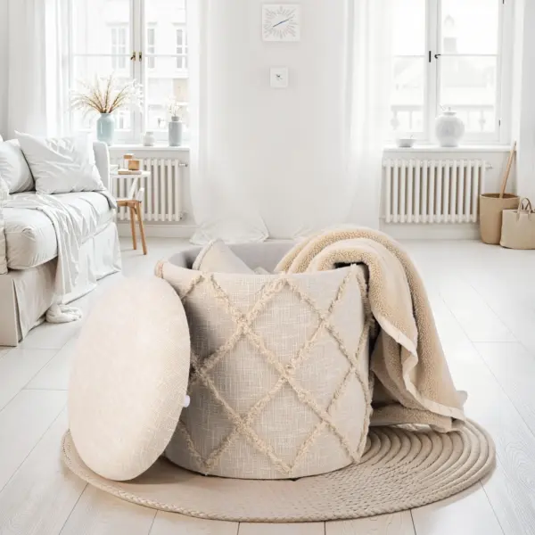 FineBuy Sitzhocker mit Stauraum rund 40x40x45 cm, Polsterhocker Creme Baumwolle Boho Design, Hocker mit abnehmbarem Deckel & Staufach, Stoff Dekohocker für Wohnzimmer, Schlafzimmer & Flur