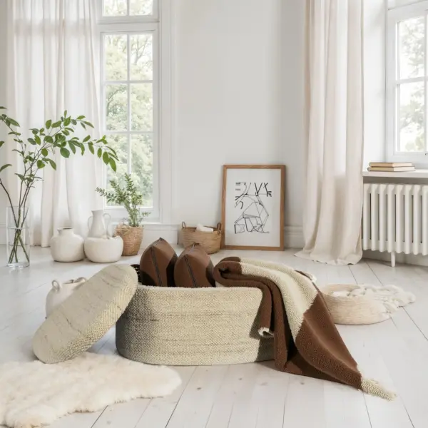 FineBuy Sitzhocker mit Stauraum Wolle oval 81 cm, abnehmbarer Deckel, Polsterhocker Stoff modern in Braun, Aufbewahrungshocker gepolstert für Wohnzimmer Schlafzimmer Flur