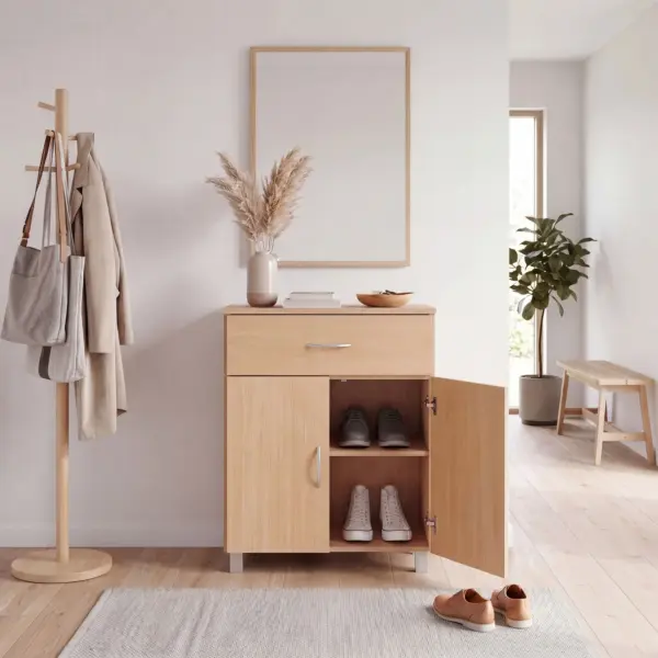 FineBuy Schuhschrank mit Schublade und 2 Türen 60×75×30 cm Buche Optik, Platzsparende Schuhkommode aus Spanplatte melaminbeschichtet, Flurmöbel Schuhregal modern