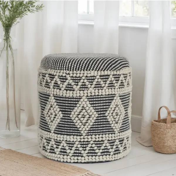 FineBuy Sitzhocker aus Wolle Ø 40 x 45 cm Grau-Creme Rund Boho Hocker mit Stauraum & abnehmbarem Deckel, Polsterhocker Modern für Wohnzimmer Schlafzimmer Flur