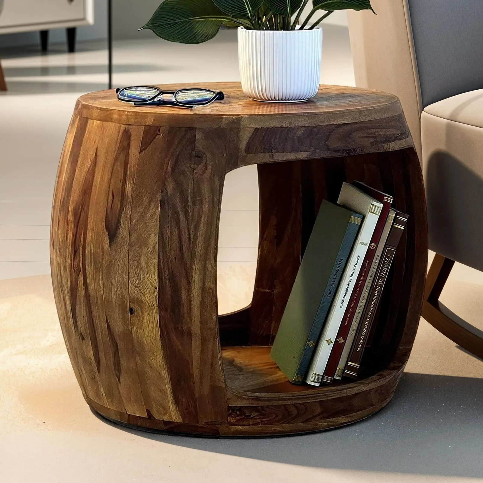 FineBuy Beistelltisch Ø 50cm Sheesham Massivholz rund mit Ablagefach – Couchtisch Echtholz handgefertigt, Wohnzimmertisch im Naturdesign