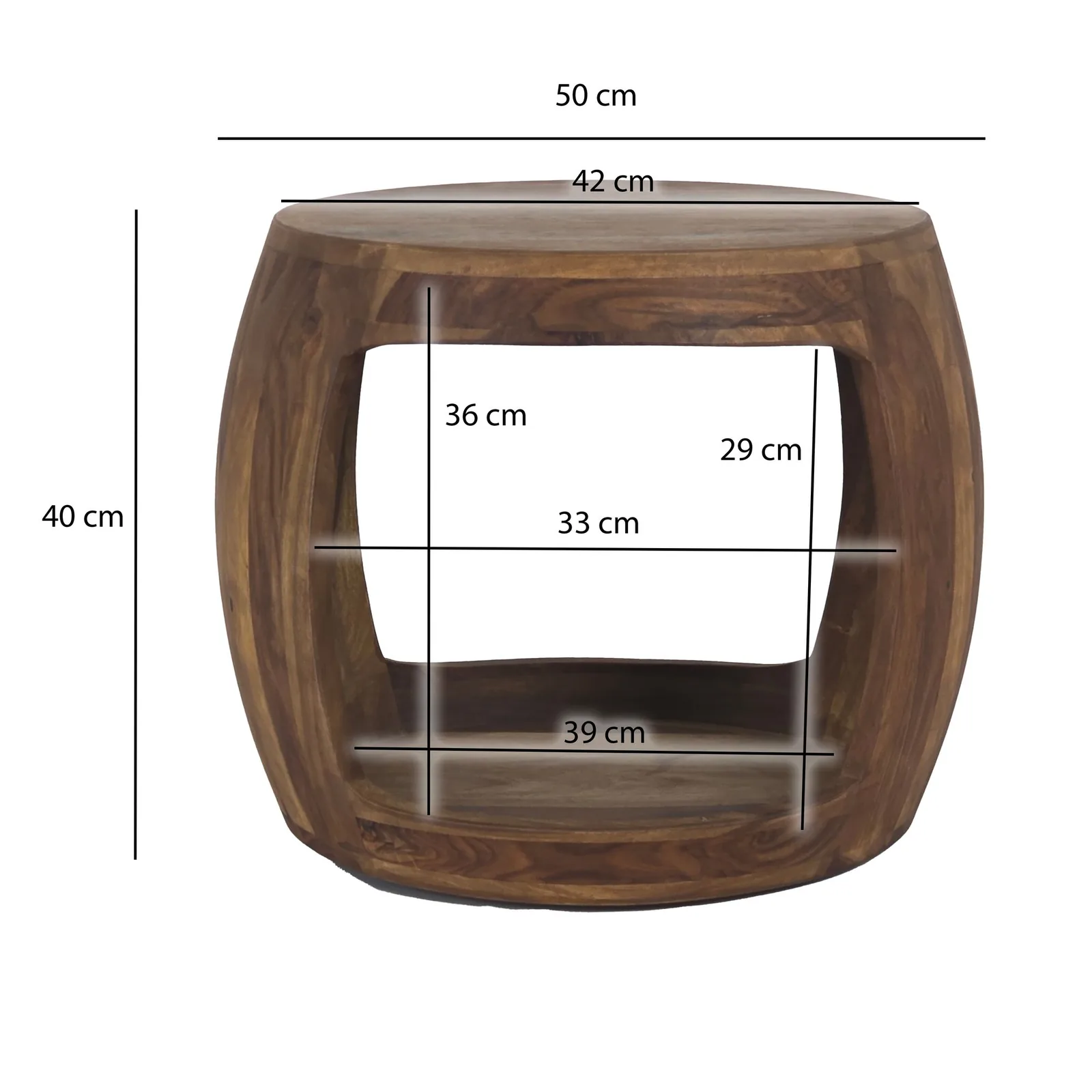 FineBuy Beistelltisch Ø 50cm Sheesham Massivholz rund mit Ablagefach – Couchtisch Echtholz handgefertigt, Wohnzimmertisch im Naturdesign