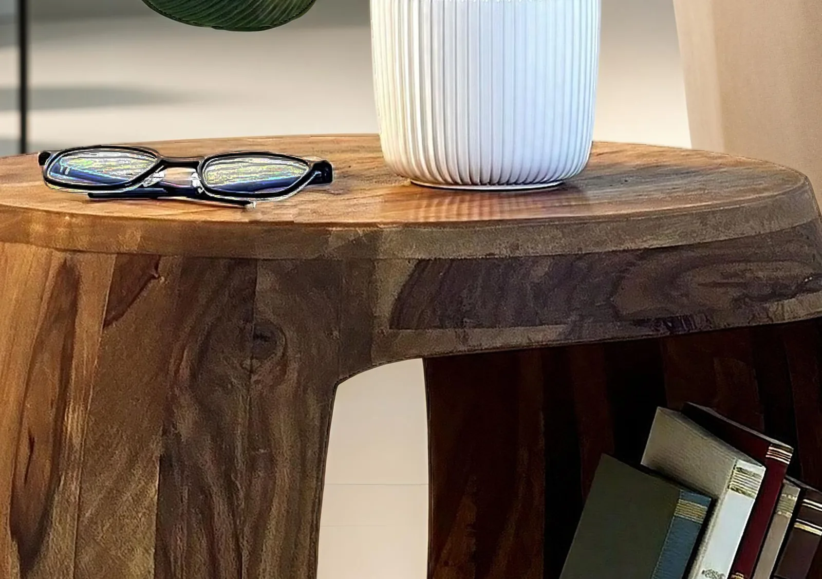 FineBuy Beistelltisch Ø 50cm Sheesham Massivholz rund mit Ablagefach – Couchtisch Echtholz handgefertigt, Wohnzimmertisch im Naturdesign