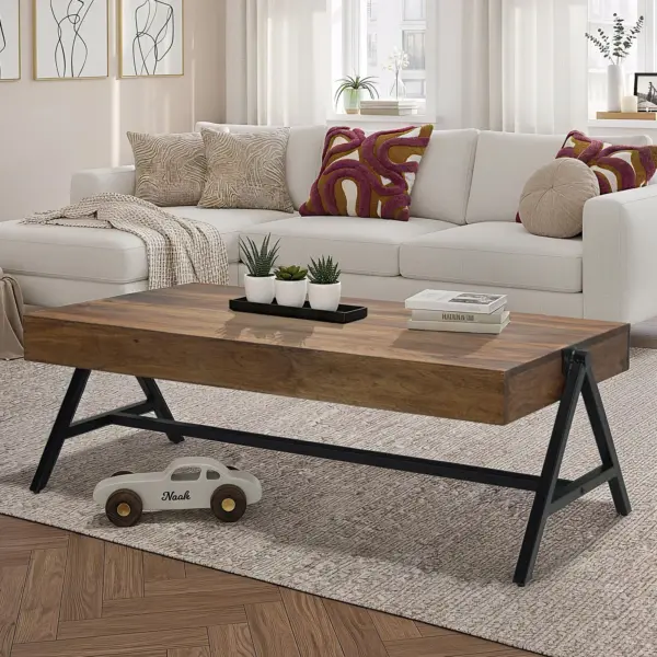 FineBuy Couchtisch Sheesham Massivholz rechteckig 120cm · Wohnzimmertisch mit Metallgestell · Handgefertigter Sofatisch im modernen Industrial Design mit stabiler Tischplatte