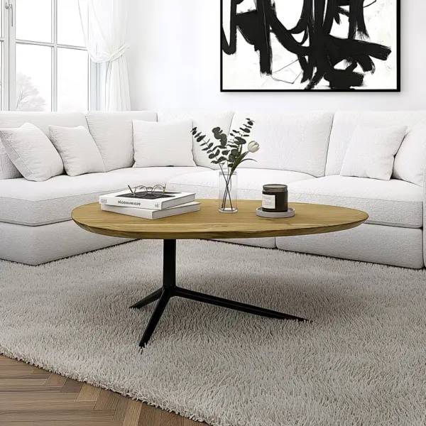FineBuy Couchtisch Akazie Massivholz oval 87cm · Ovaler Design Wohnzimmertisch mit schwarzem Metallgestell · Moderner Sofatisch handgefertigt