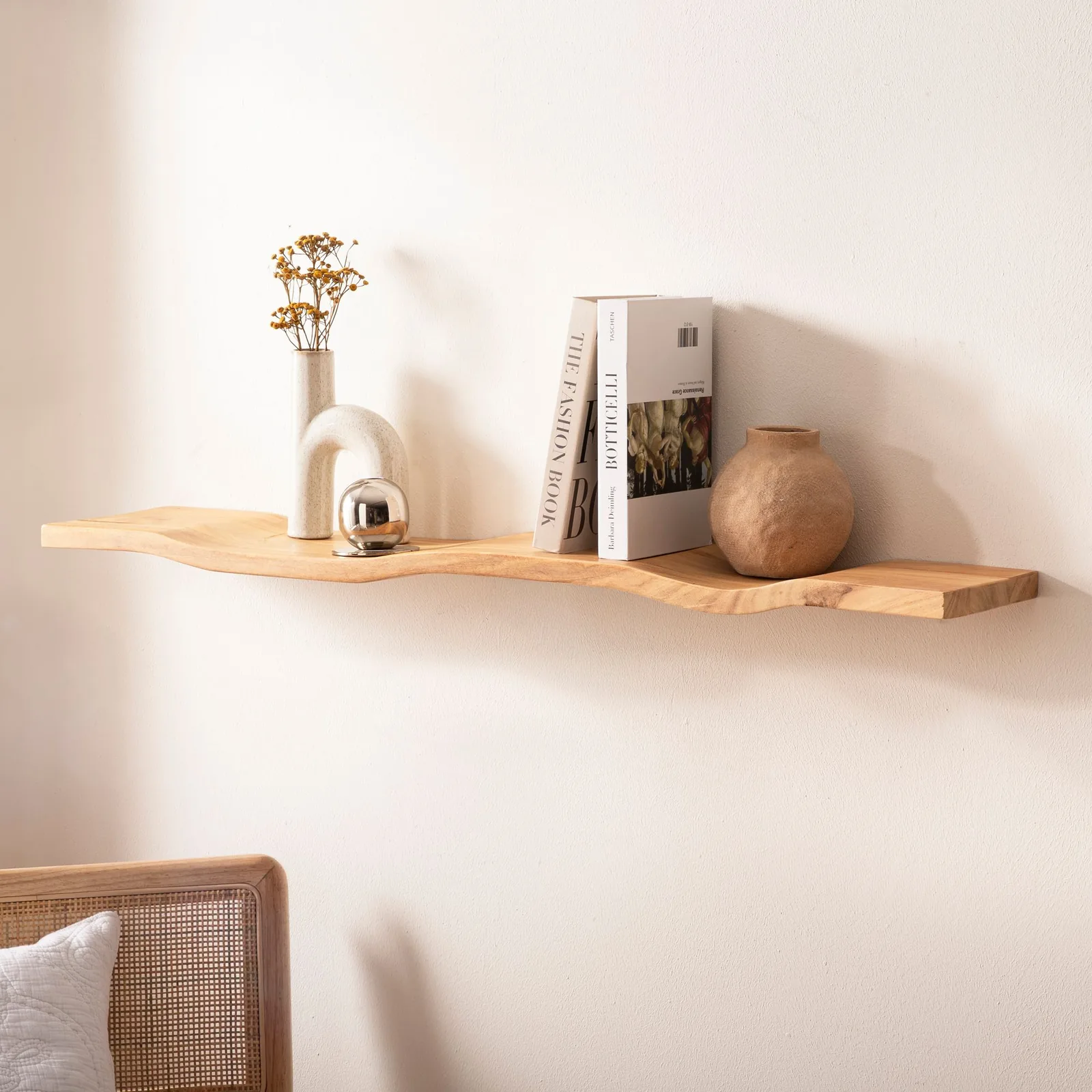 FineBuy Wandregal Akazie Massivholz - Schwebendes Design Regal für die Wand Holz massiv - Hängeregal in Wellenform - Wandboard aus Echtholz