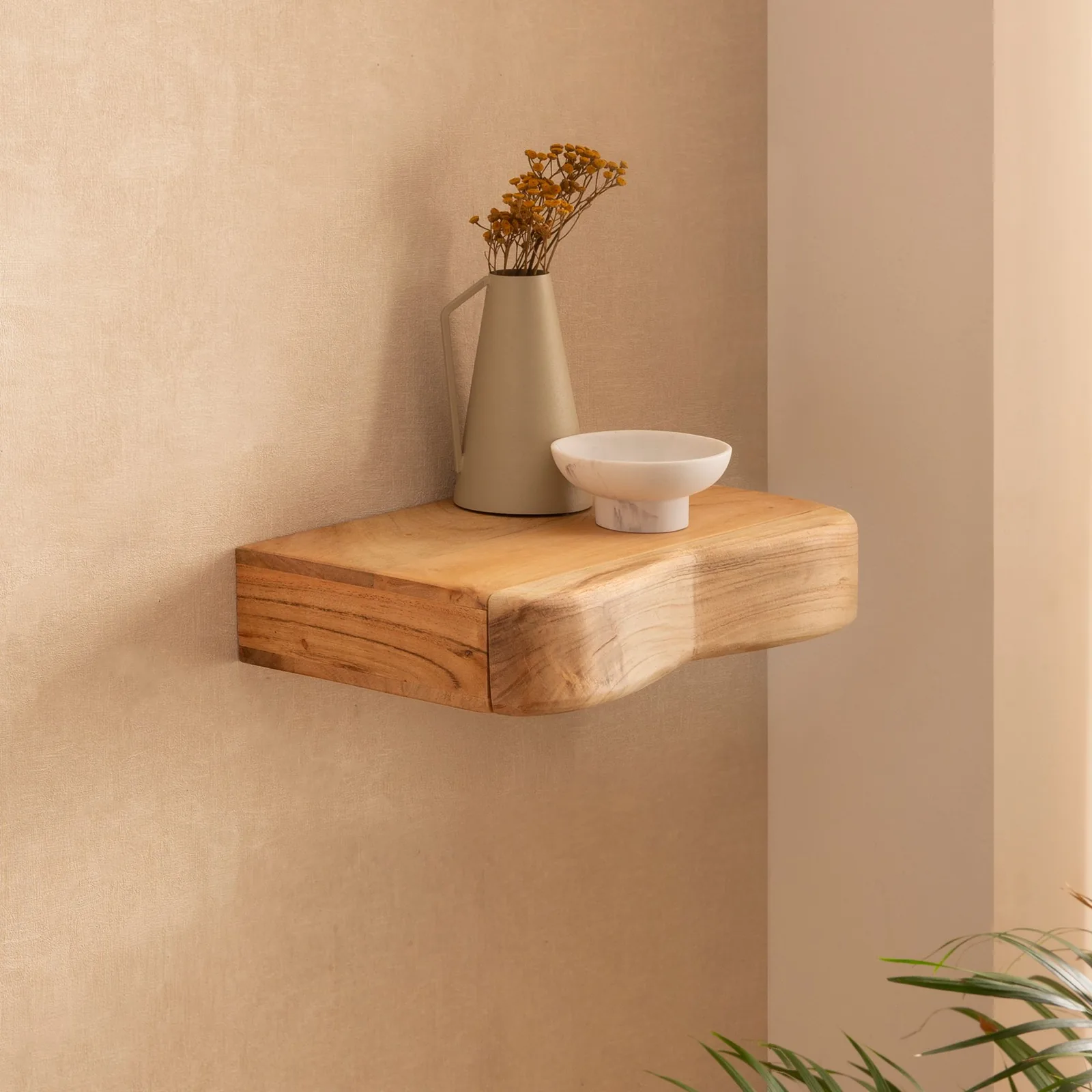 FineBuy Wandregal Akazie Massivholz mit Schublade - Design Regal für die Wand - Holz Wandboard mit Stauraum - Schwebendes Hängeregal aus Echtholz