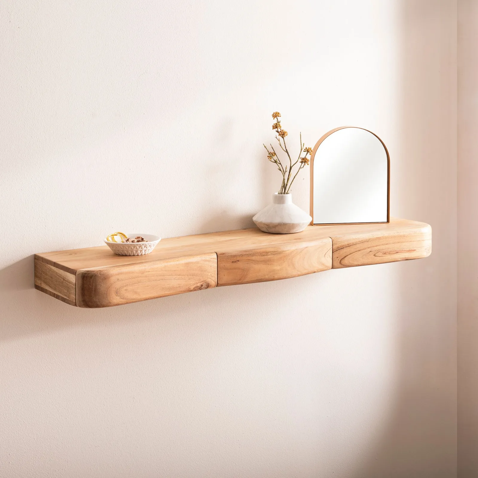 FineBuy Wandregal Akazie Massivholz mit Schublade - Design Regal für die Wand - Holz Wandboard mit Stauraum - Schwebendes Hängeregal aus Echtholz