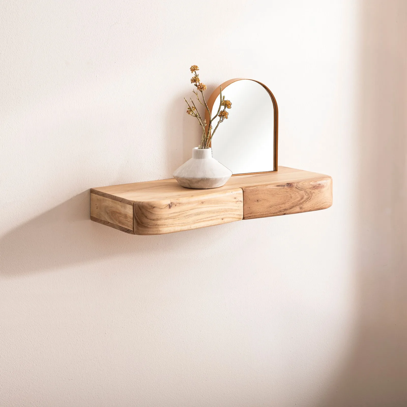 FineBuy Wandregal Akazie Massivholz mit Schublade - Design Regal für die Wand - Holz Wandboard mit Stauraum - Schwebendes Hängeregal aus Echtholz
