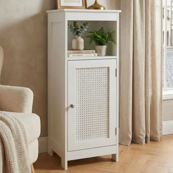FineBuy Standregal Weiß 80cm – Nischenregal Tür & Ablage Wiener Geflecht – schmales Wohnregal Flur & Wohnzimmer – Stauraumregal - Kleiner Schrank - Kommode