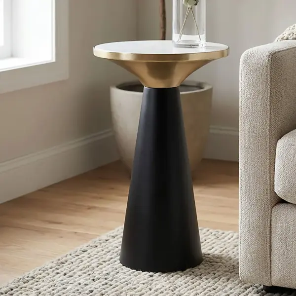 FineBuy Beistelltisch Eisen & Marmor Tischplatte 28cm rund - Kleiner runder Anstelltisch aus Metall Schwarz - Design Wohnzimmertisch - Dekotisch - Couchtisch - Metalltisch Handmade pflegeleicht