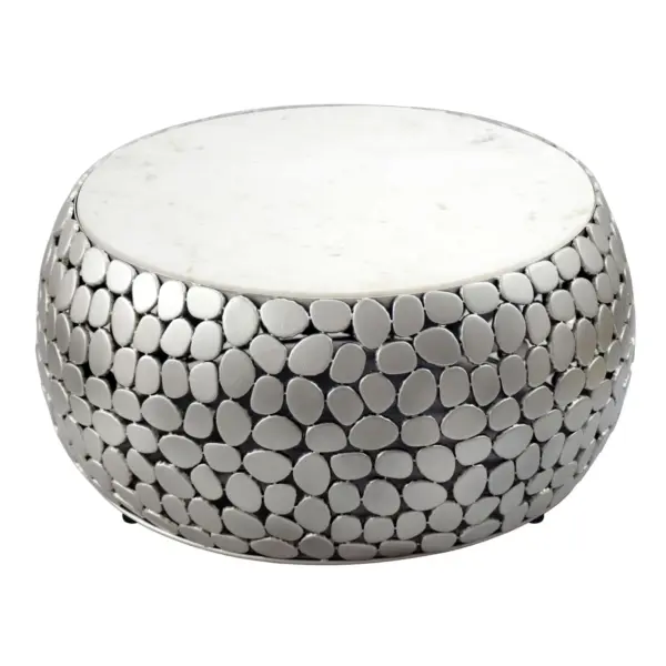 FineBuy Design Couchtisch rund 66 cm aus Aluminium und weißer Marmor Tischplatte - Wohnzimmertisch Alu - Metall Sofatisch - Beistelltisch Wohnzimmer - Handmade