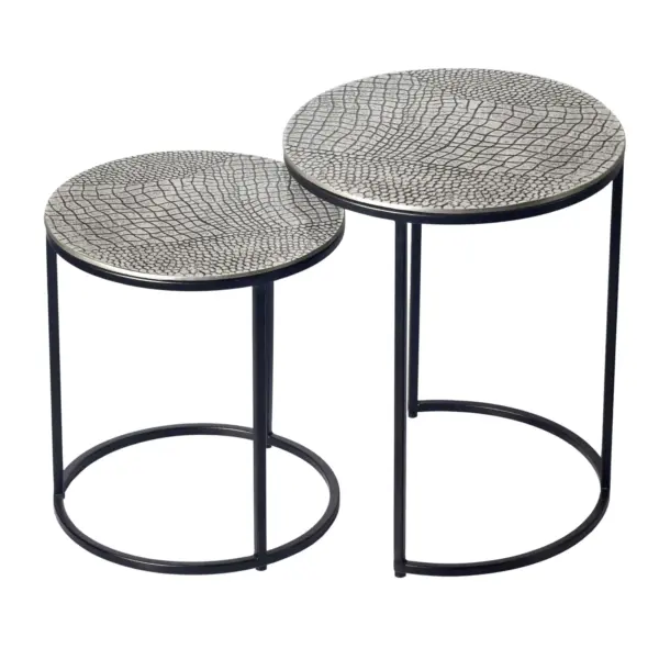 FineBuy Satztisch Metall 2er Set rund - Beistelltisch Aluminium Tischplatten mit Muster - Design Couchtisch Anstelltisch modern Eisen Gestell - Dekotisch Wohnzimmertisch Handmade